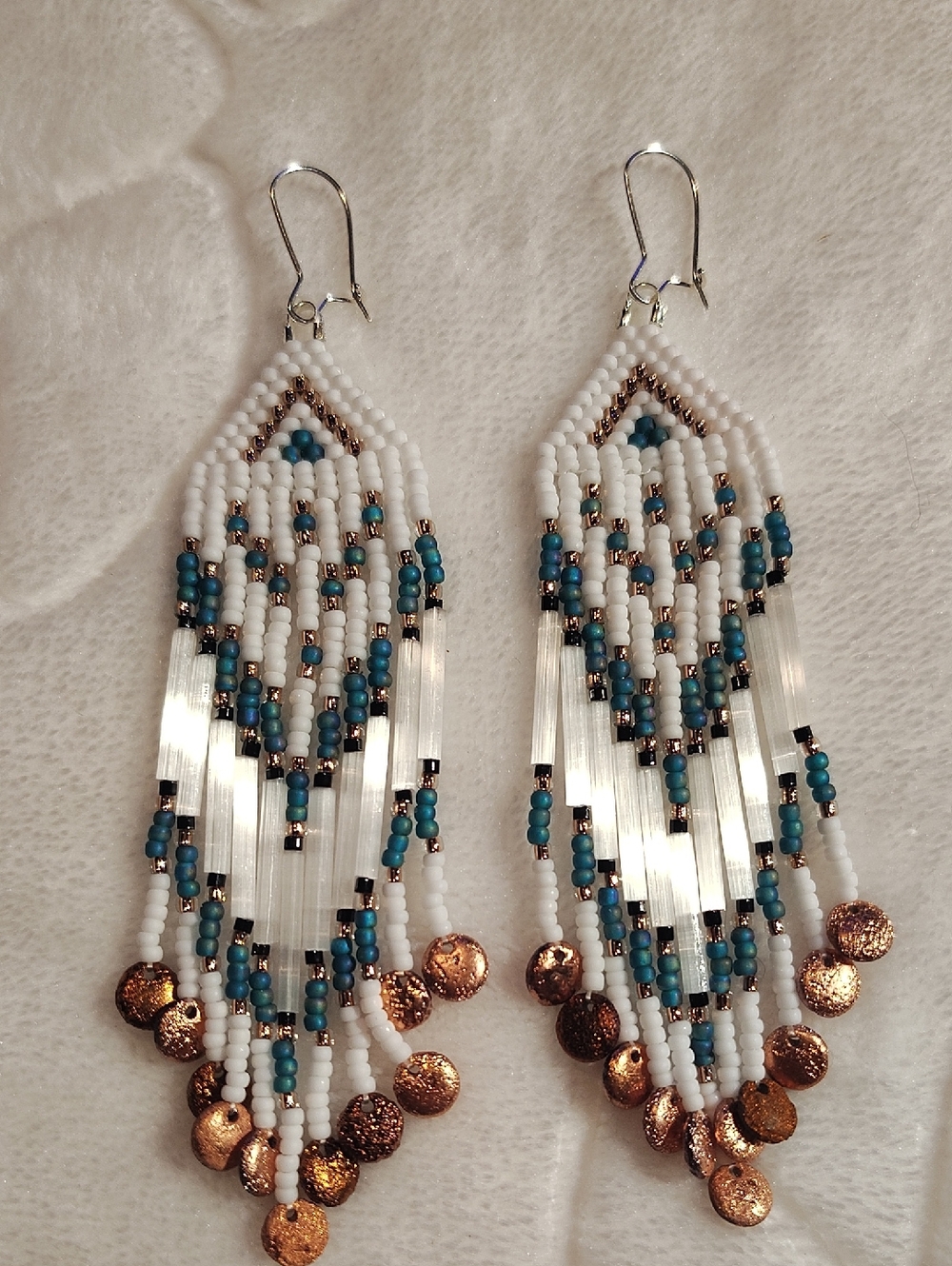 White and Teal Beaded Fringe Earrings with Copper Coin Accents